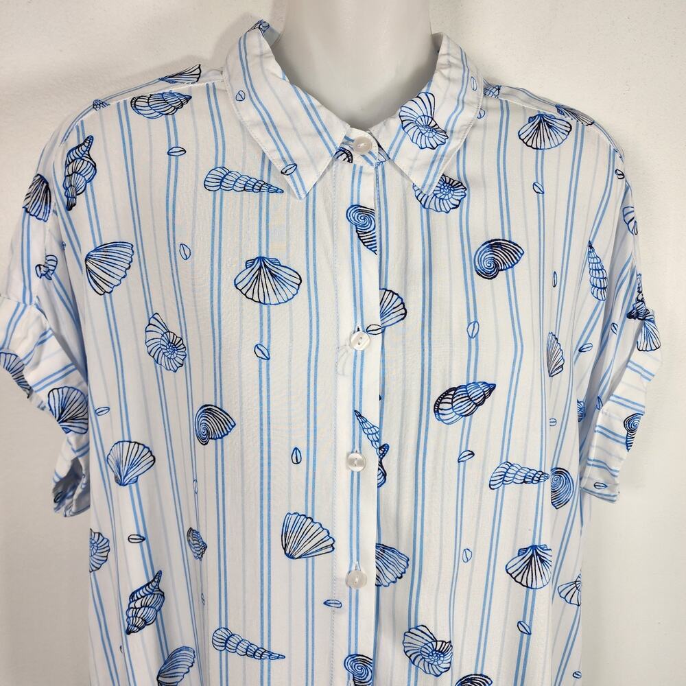 Jane And Delancey Shirt Blue Button Short Cuffed Sleeve Seashell Stripes Large - Picture 3 of 9